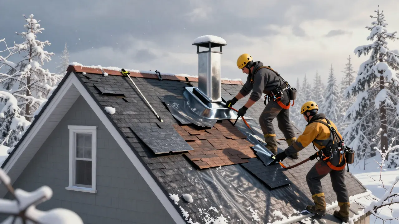 Roofing crew repairing a winter-covered roof with reinforced flashing and new shingles, safety harnesses visible.