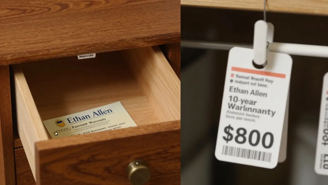 Side-by-side comparison of authentic Ethan Allen furniture with a Made in USA label versus a counterfeit knockoff.