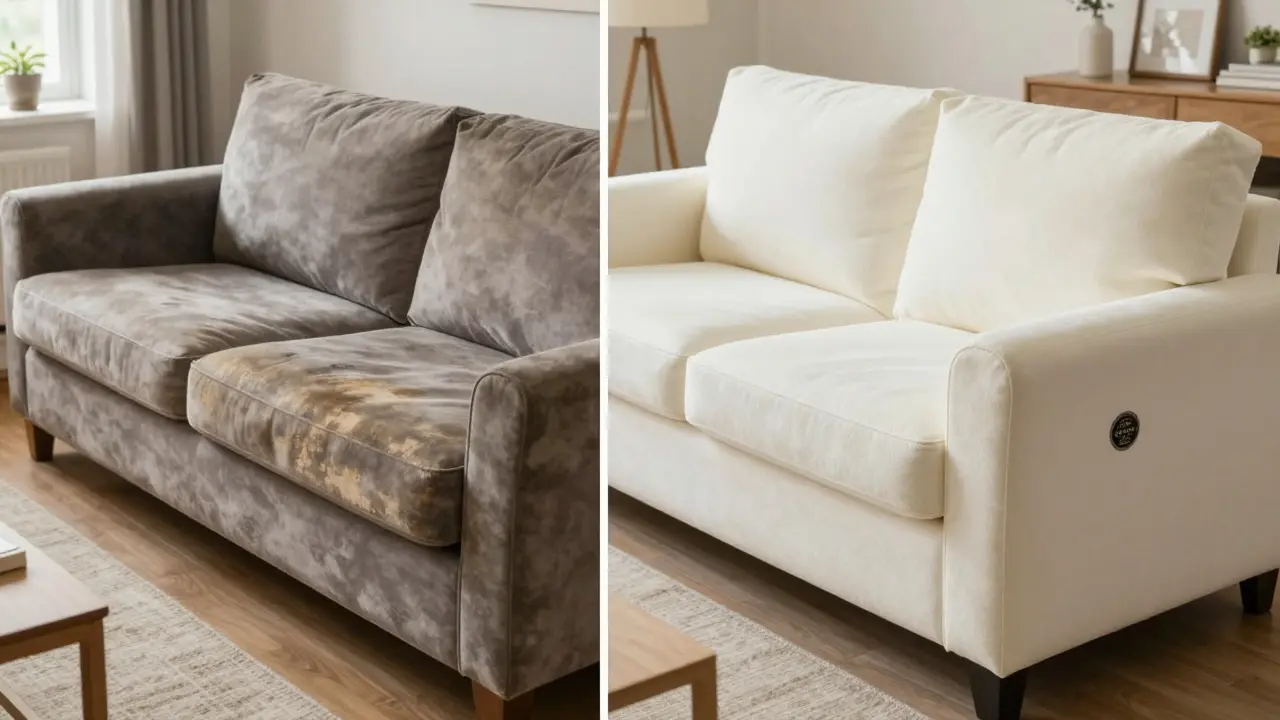Side-by-side sofas: one worn out after years, the other pristine, highlighting durability versus disposability.