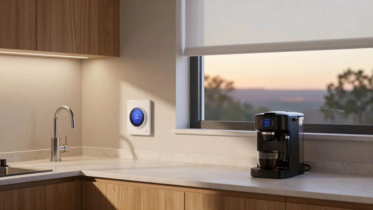 Smart kitchen with automated lighting, window shades, and water shutoff device under the sink at sunset.