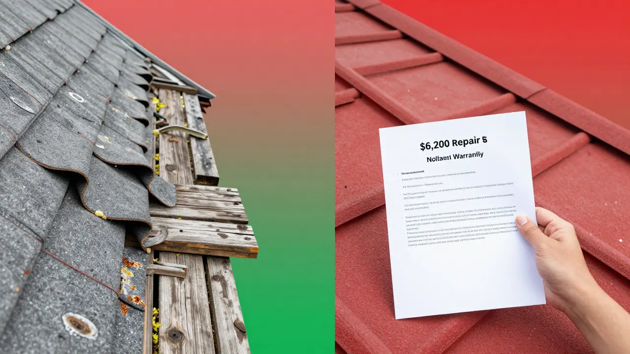 Split image: left shows damaged roof leading to high repair cost, right shows timely repair with warranty document.