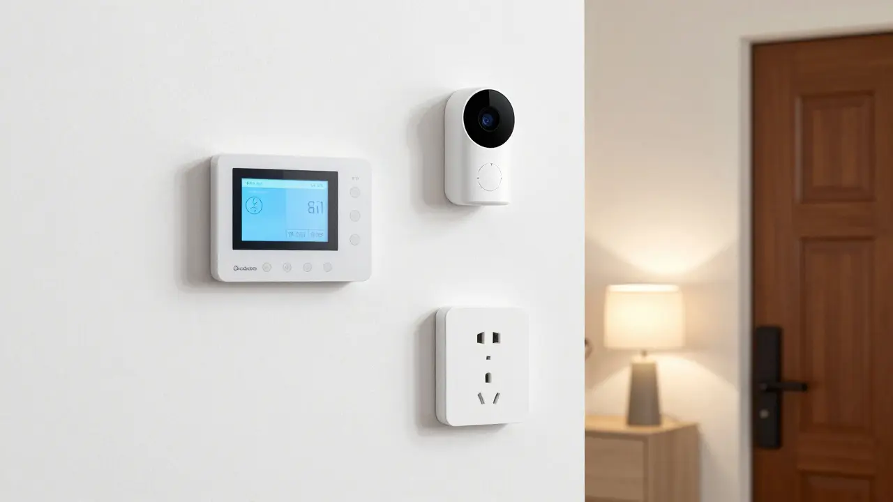 Three essential smart home devices—a thermostat, doorbell, and smart plug—installed simply without extra hubs or clutter.