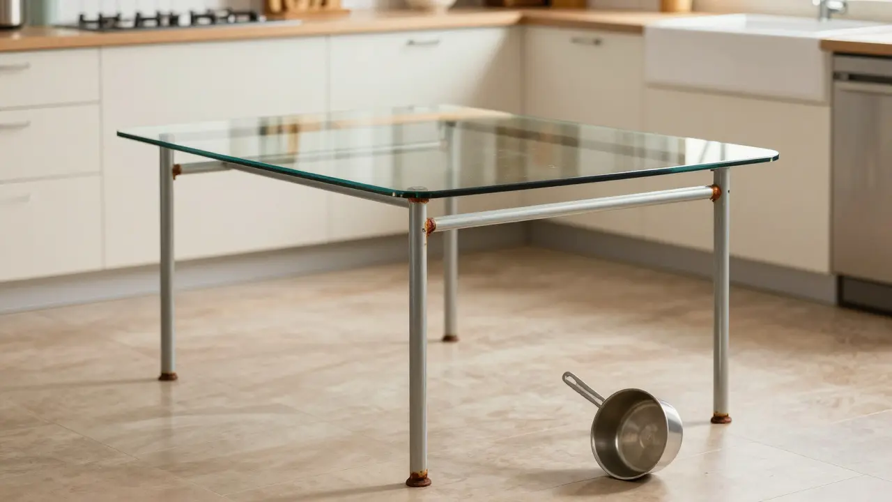 A Costco dining set with rusting metal leg and a dropped pot, highlighting potential durability issues in humid environments.