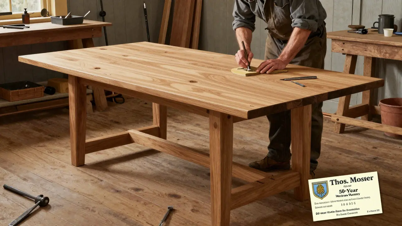 A craftsman hand-sanding a dovetail joint at a Thos. Moser workshop, surrounded by maple wood and tools, with a 50-year warranty card visible.