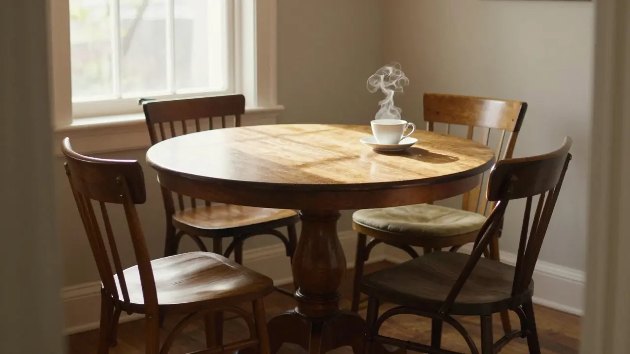 A diverse set of vintage chairs around a wooden dining table in a compact nook, with sunlight and a teacup on the table.