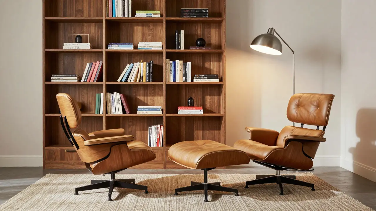 A Herman Miller Eames lounge chair and Tom Dixon lamp in a serene, modern home den.