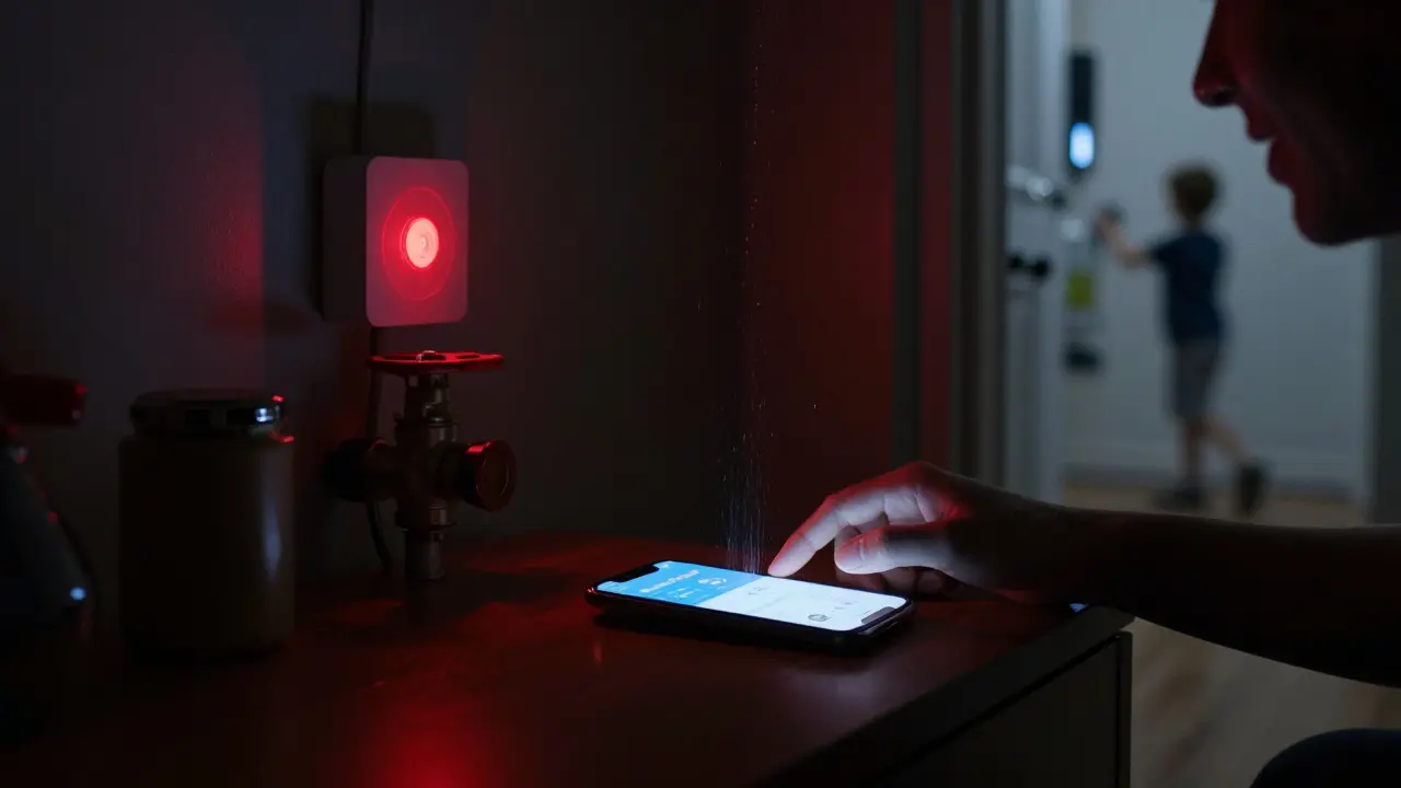 A homeowner receives a water leak alert on their phone at night while a smart sensor flashes red above a dripping pipe.