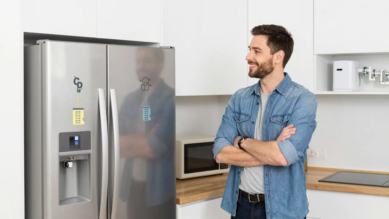 A homeowner smiling in a newly remodeled 10x12 kitchen, with subtle cost icons fading into the background behind them.