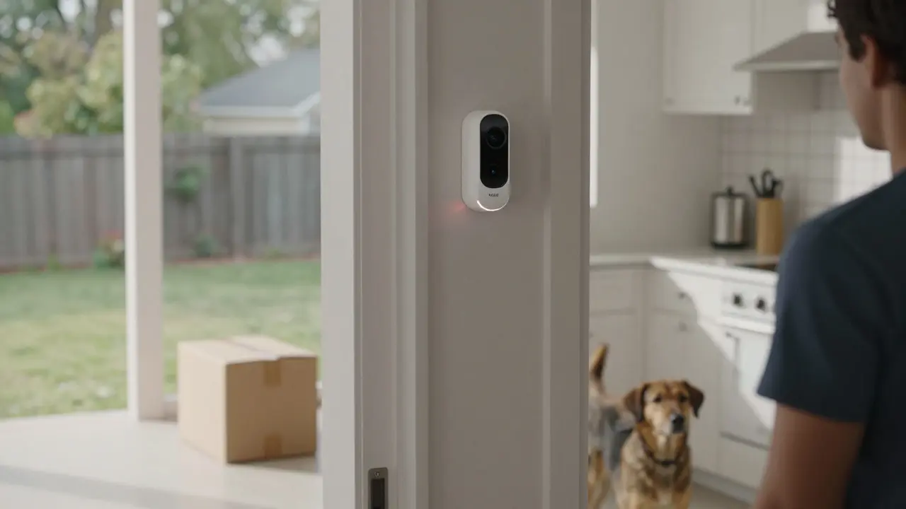 A Nest Cam detecting a person approaching the front door with a package outside.