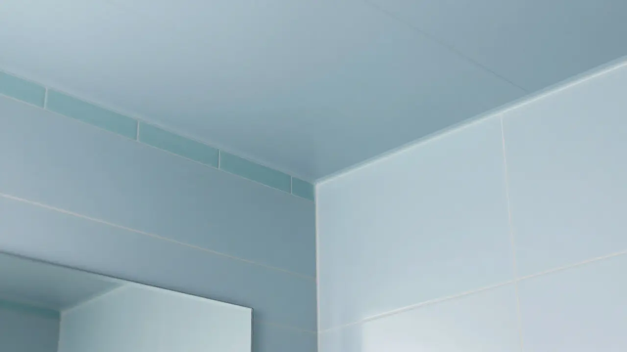 A pale blue shower ceiling with a subtle border tile and mirror reflecting light, enhancing the sense of height and space.