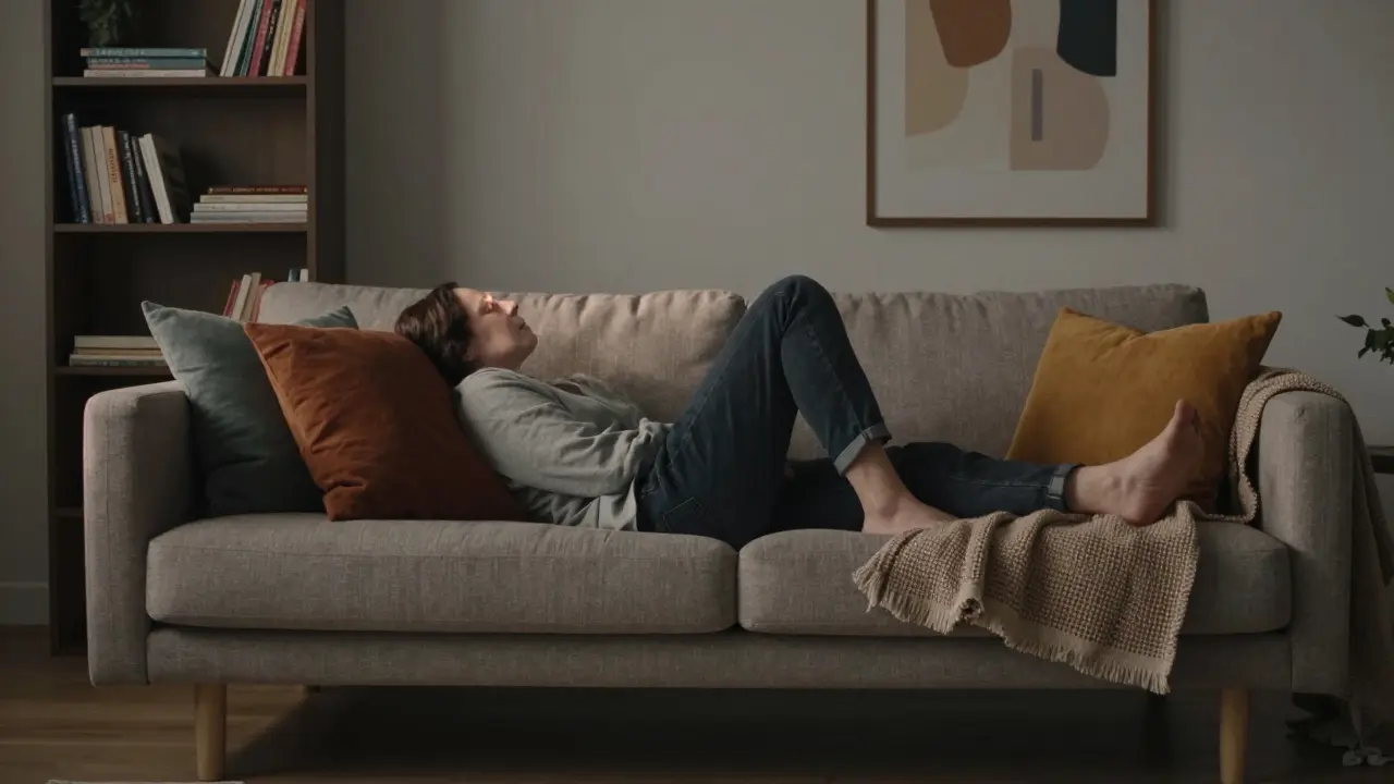 A person relaxing on a neutral-toned sofa with colorful cushions and a blanket, bathed in soft evening light.