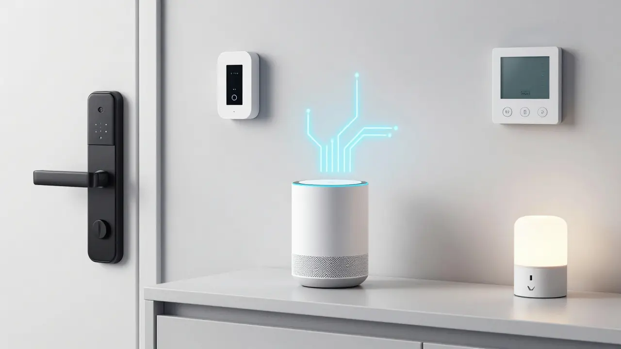 A smart home ecosystem with connected devices like a voice assistant, thermostat, smart lock, and plug, glowing with network connections.