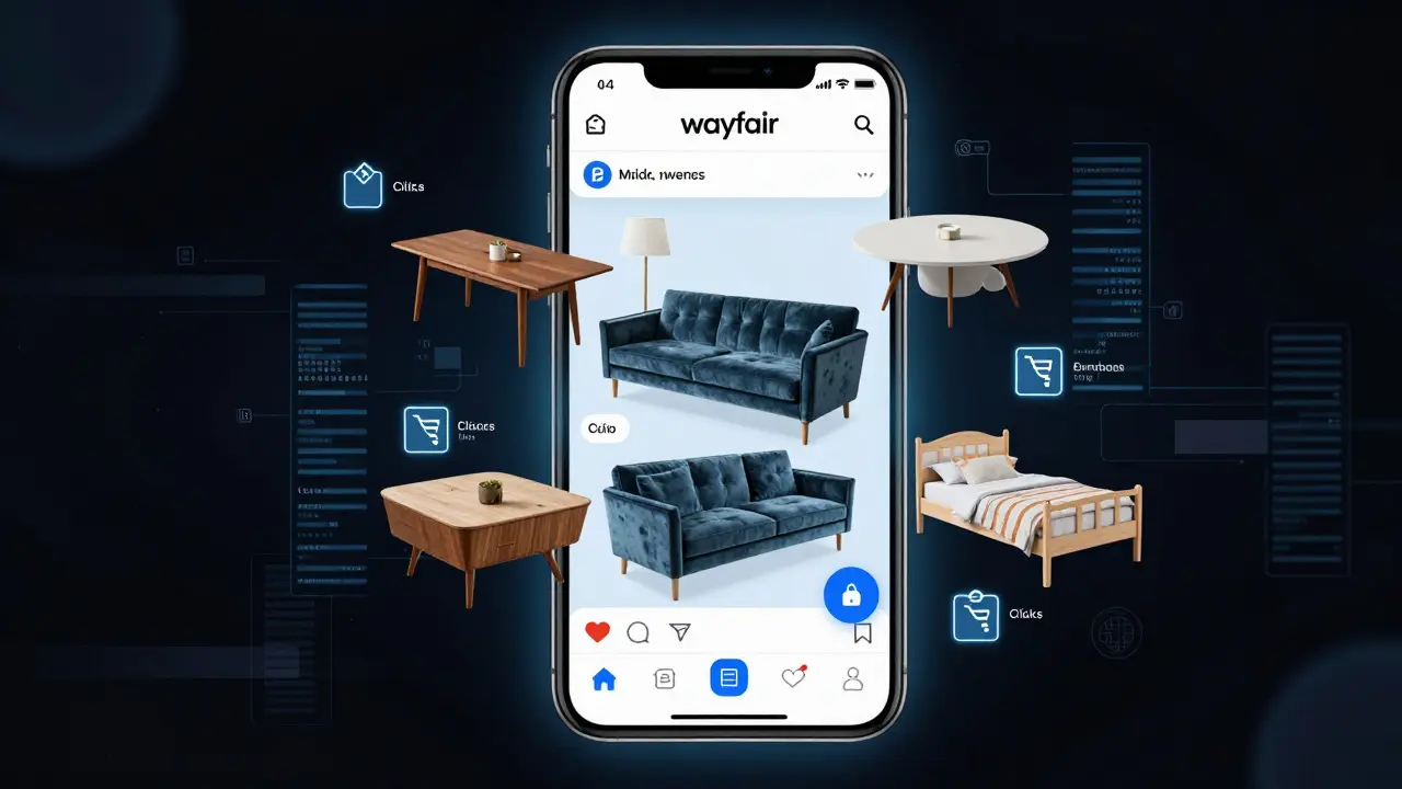 A smartphone screen displaying Wayfair's diverse furniture marketplace with data flows.