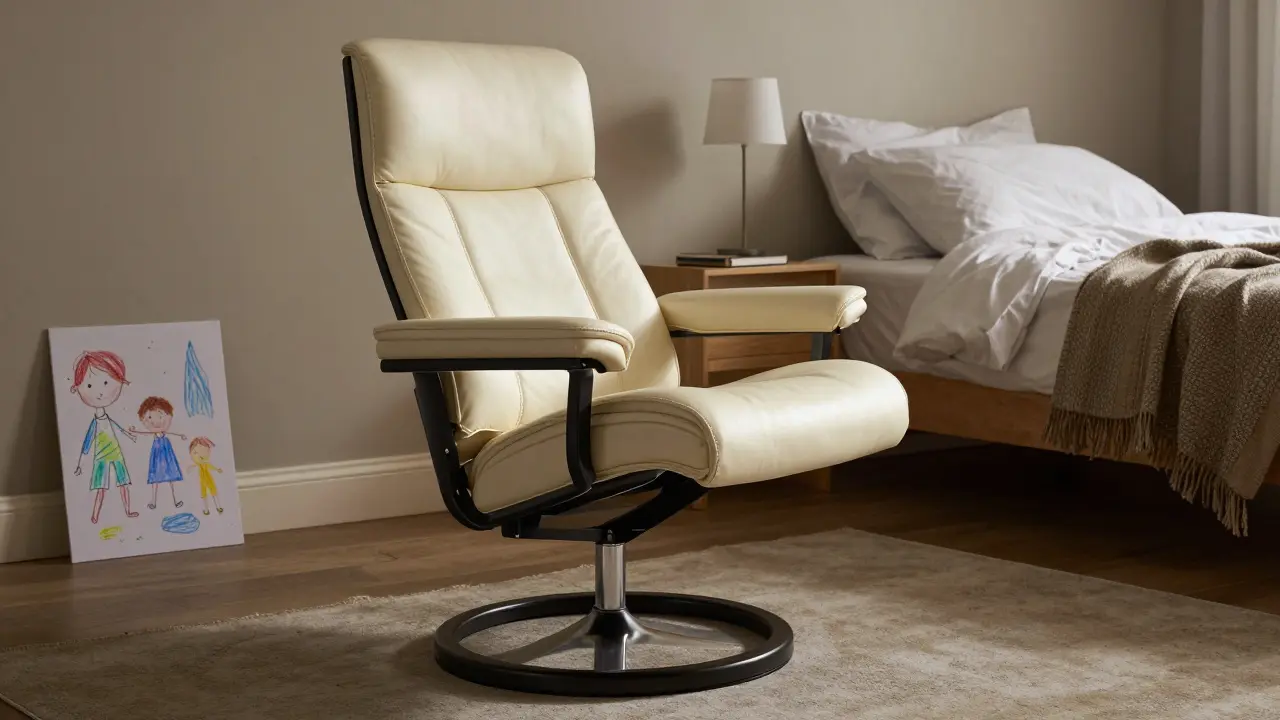 A Stressless recliner glows softly in a bedroom, its steel frame and foam layers subtly revealed, with a child's drawing nearby suggesting decades of use.