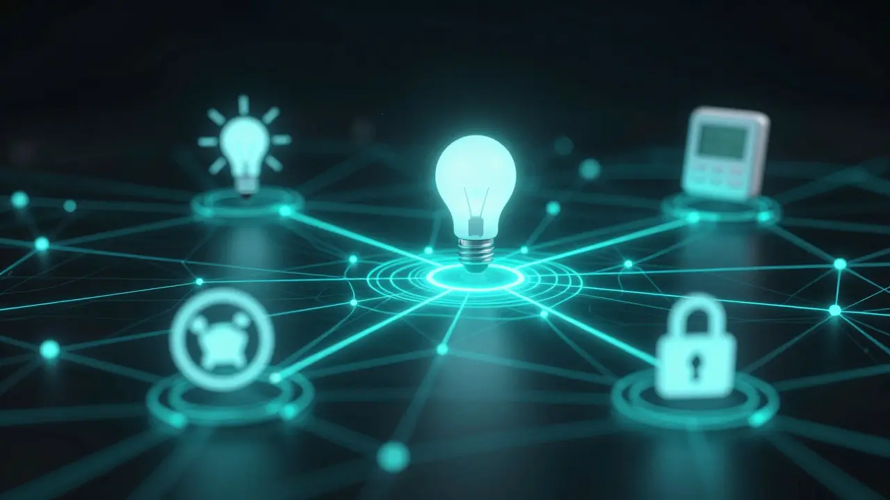 Abstract visualization of glowing wireless mesh network connecting devices.