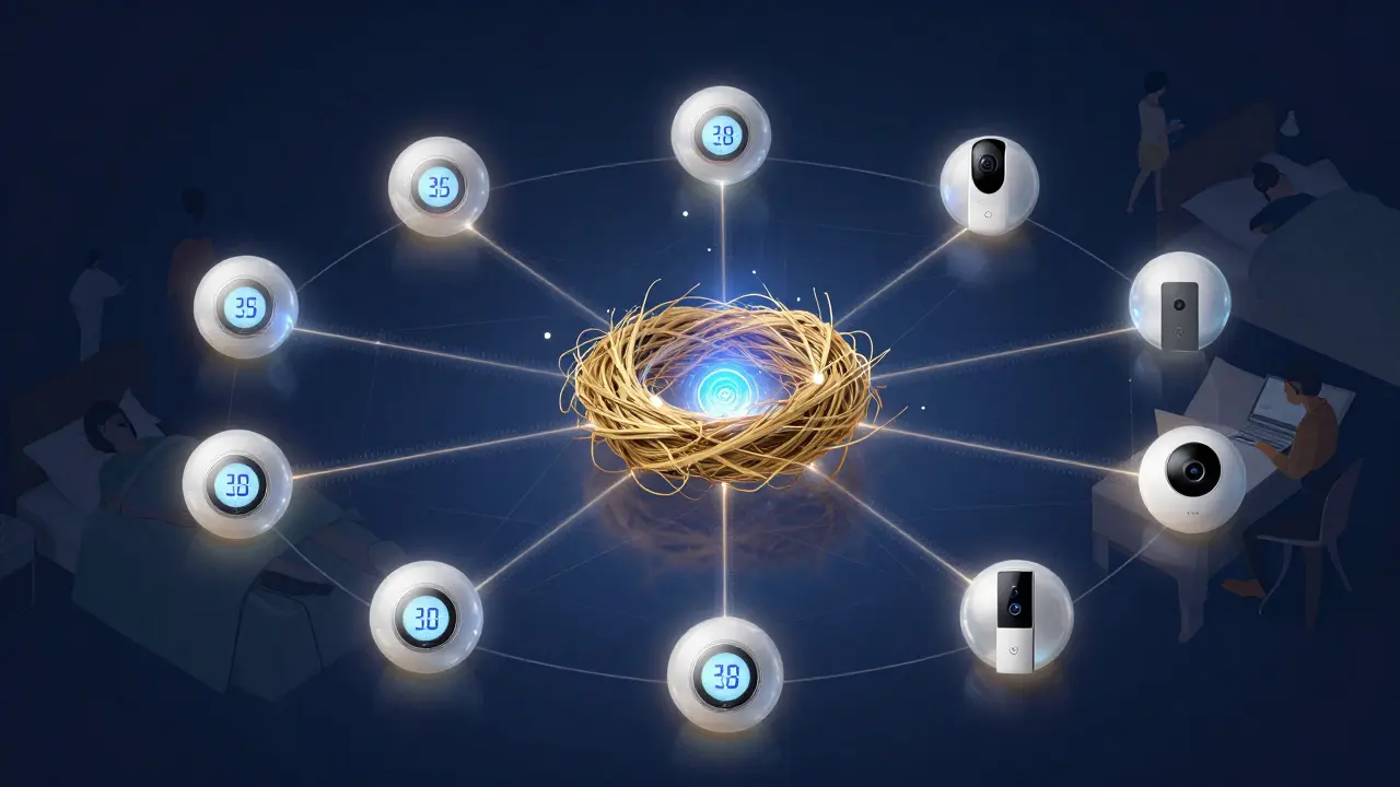 An abstract network of smart devices connected by glowing data streams shaped like a nest.