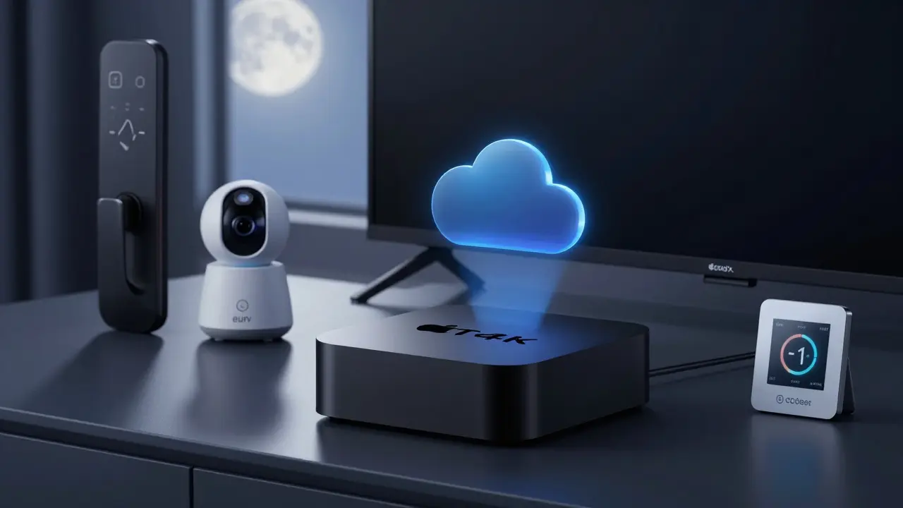 An Apple TV 4K connected to a TV, surrounded by certified HomeKit devices including a smart lock, camera, and thermostat in a dimly lit room.