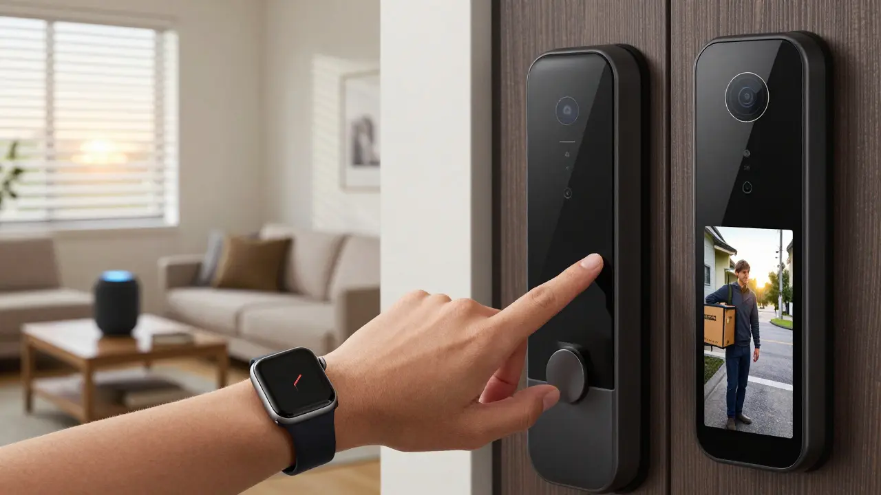 An Apple Watch unlocking a smart door as a doorbell camera captures a delivery person, with automated blinds opening in the background.