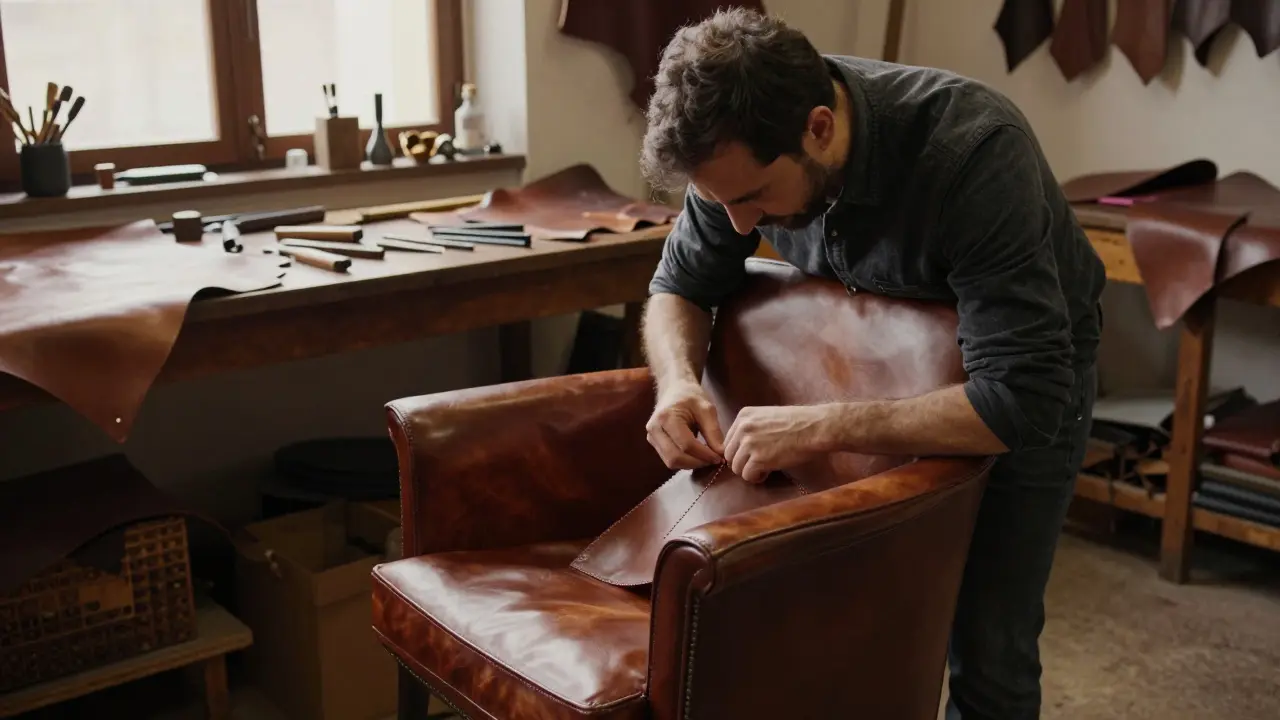 Artisans hand-stitching premium leather onto a luxury Italian armchair in a wooden workshop.