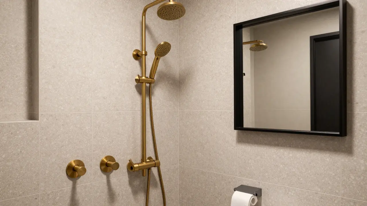 Bathroom interior mixing gold shower trim with matte black accents.