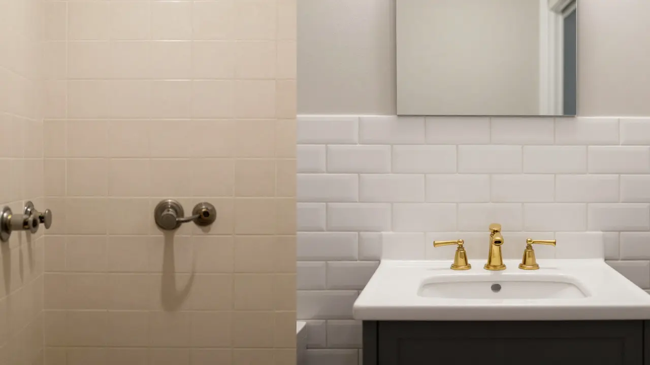 Before and after bathroom renovation: outdated beige tiles replaced with timeless white subway tile.