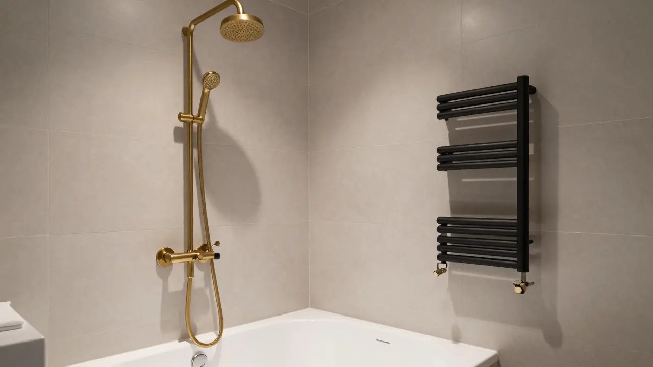 Brushed gold showerhead against neutral tiles with a matte black towel bar in a modern bathroom.