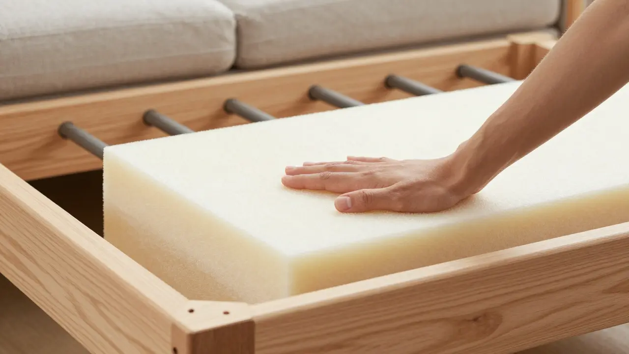 Close-up of a solid hardwood sofa frame showing double-doweled joints and hand-tied springs under soft lighting.