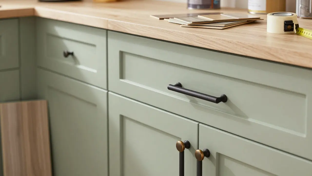 Close-up of kitchen renovation materials including paint samples and cabinet hardware