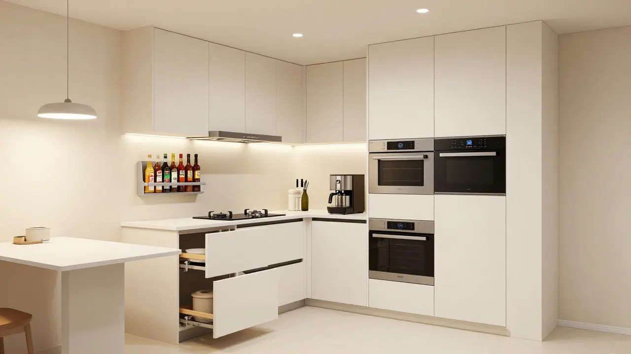 Compact kitchen with smart storage: pull-out drawers, lazy Susan, vertical spice rack, and appliances hidden in tall cabinets.