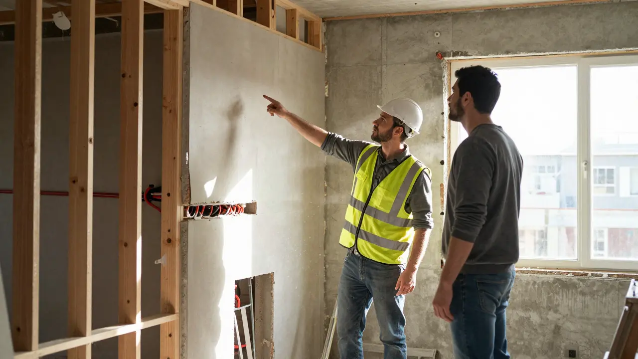 Contractor and homeowner inspecting exposed framing in a kitchen under renovation.