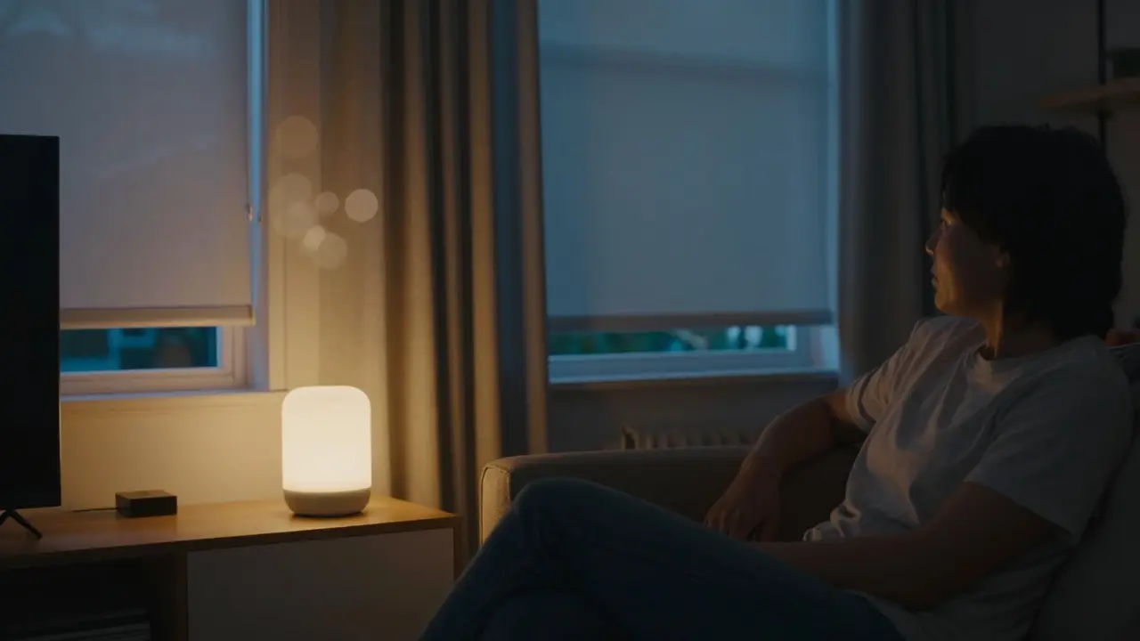 Cozy living room with smart curtains closing as evening light fades.