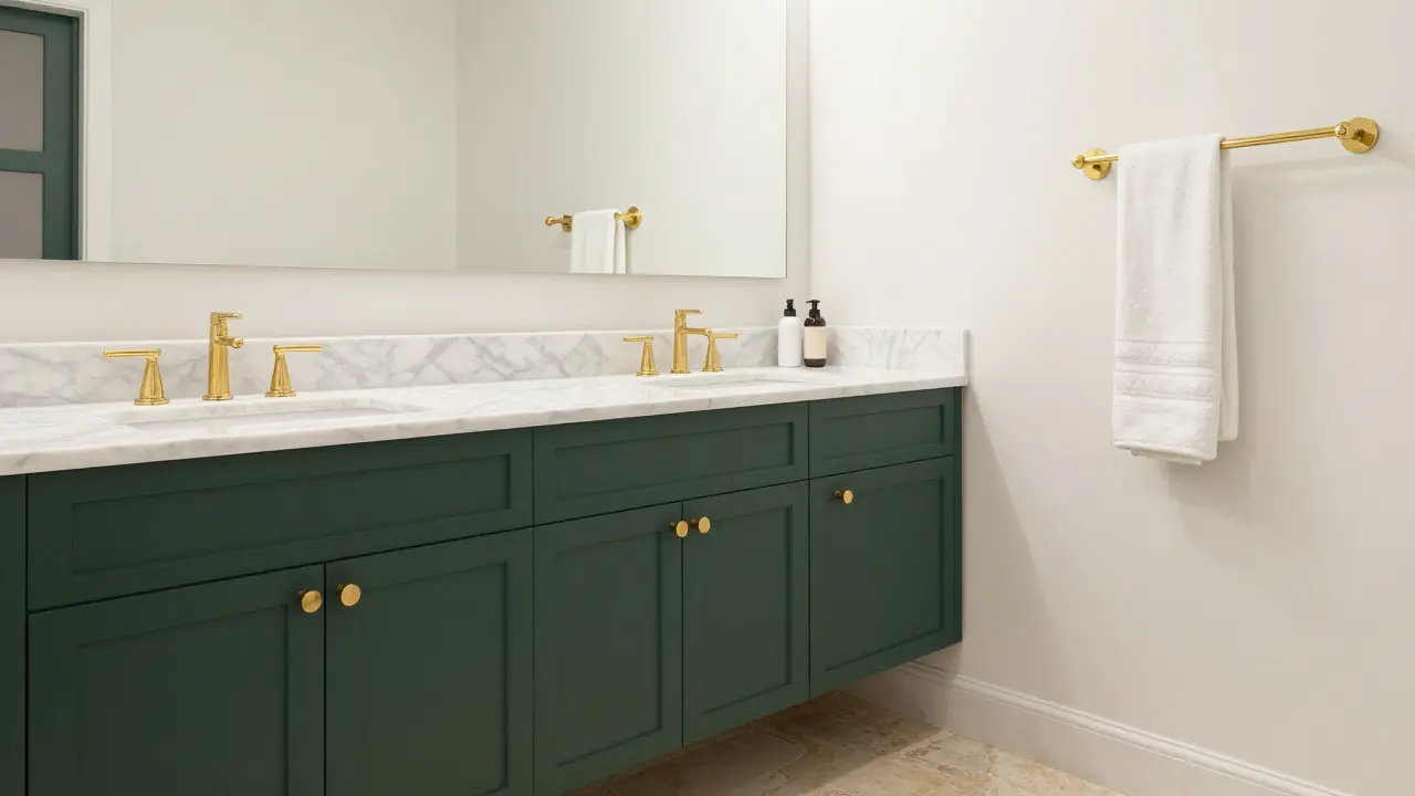 Deep green vanity with matte gold hardware and honed marble countertops in a luxurious bathroom.