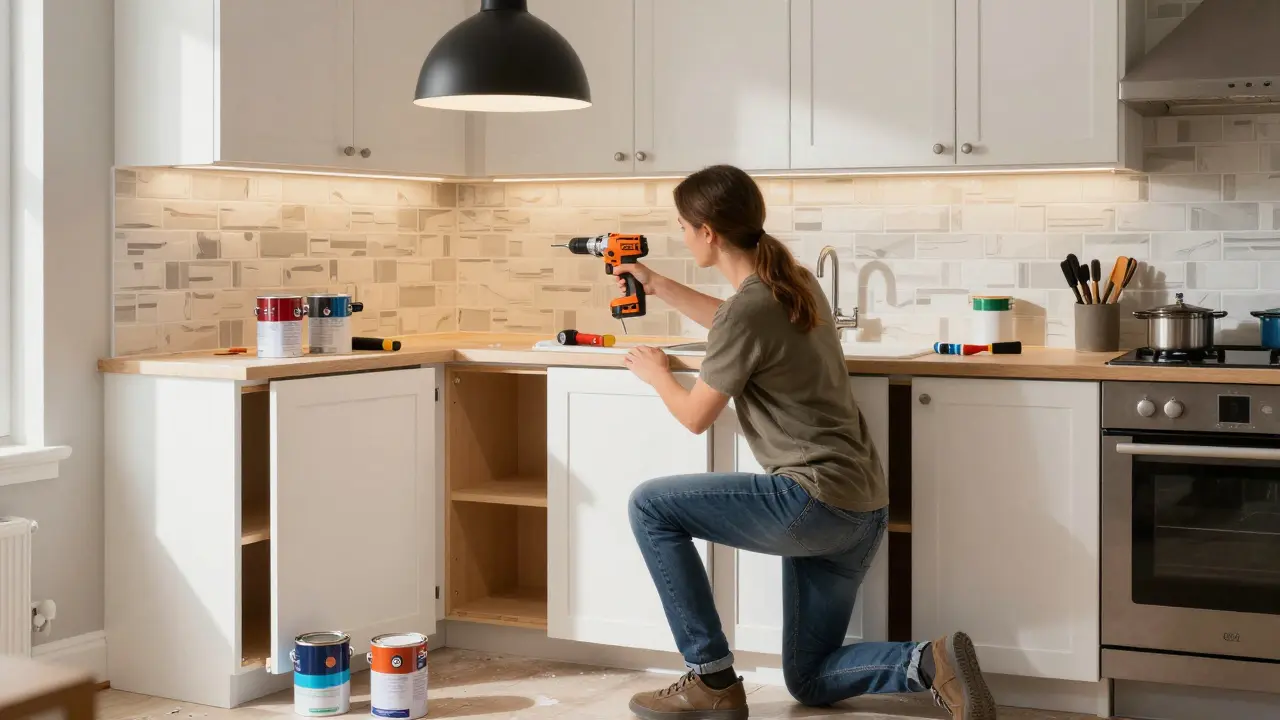 DIY homeowner installing new cabinet doors in a sunlit kitchen, tools and paint cans nearby.