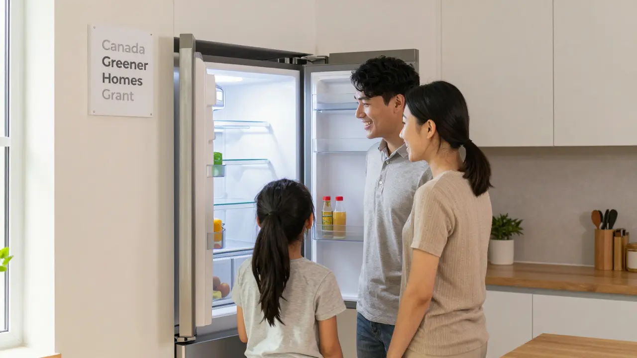 Family enjoying a newly remodeled kitchen with energy-efficient appliances and a Greener Homes Grant sign.