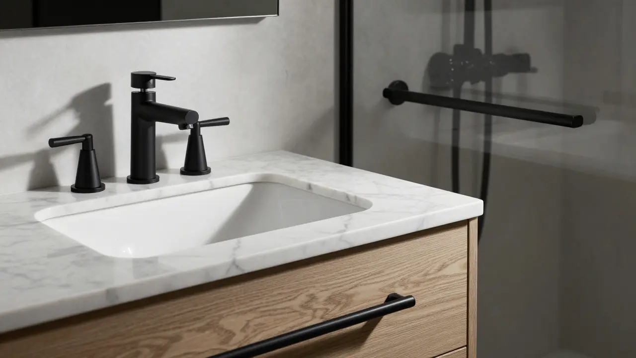 Matte black faucet and shower hardware contrasting with white marble and wood vanity.