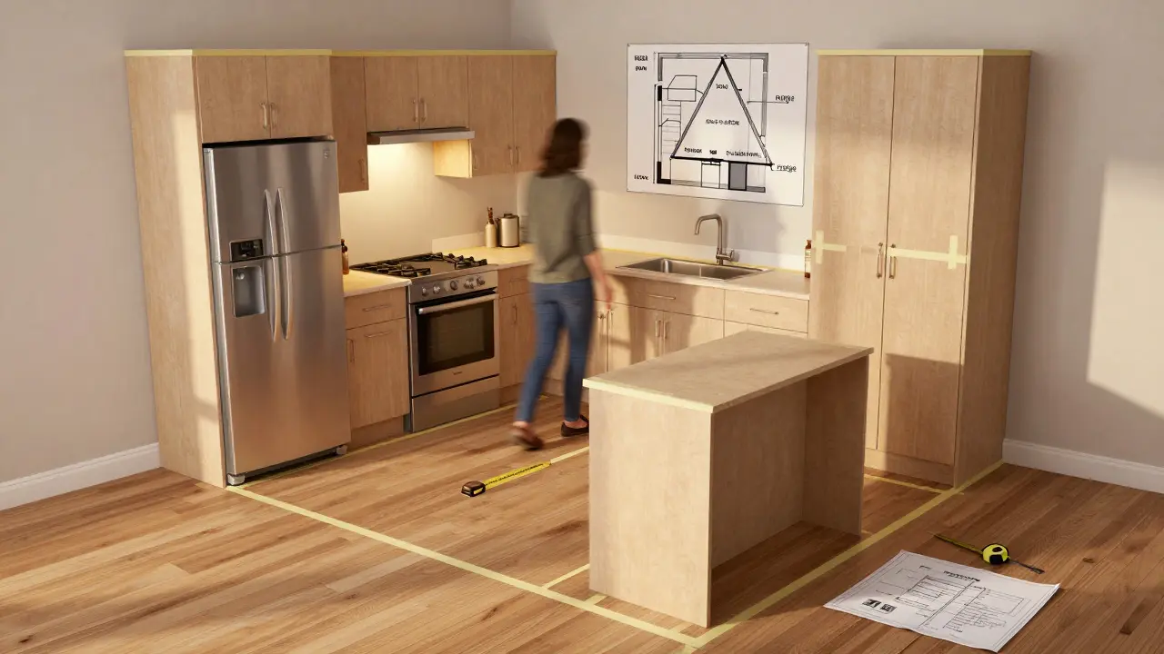 Mock-up of a 10x10 kitchen layout using painter’s tape on the floor, showing cabinet placement and workflow triangle.