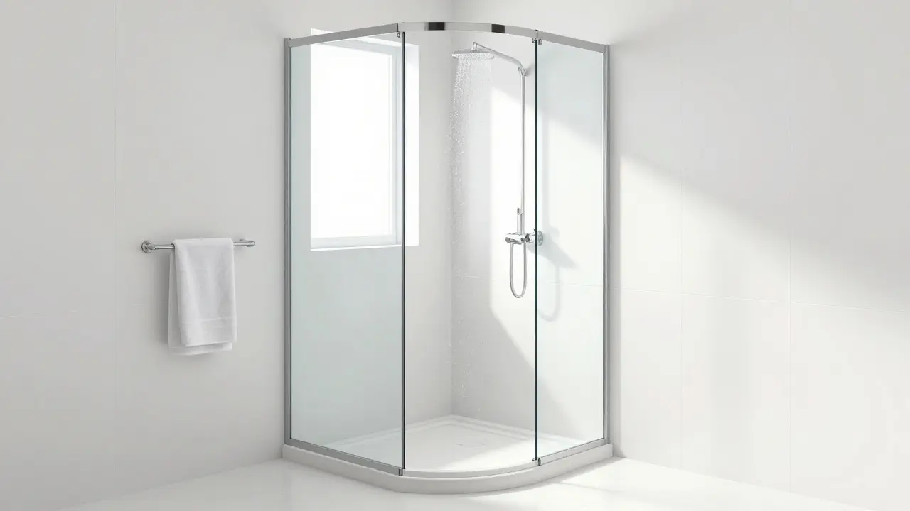 Neo-angle corner shower with curved glass and natural light streaming in.