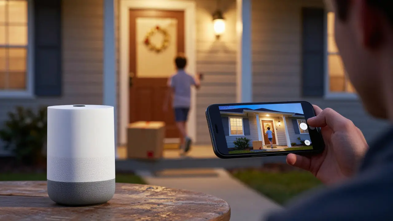 Nest doorbell displaying color night vision of a child and package at the front step.