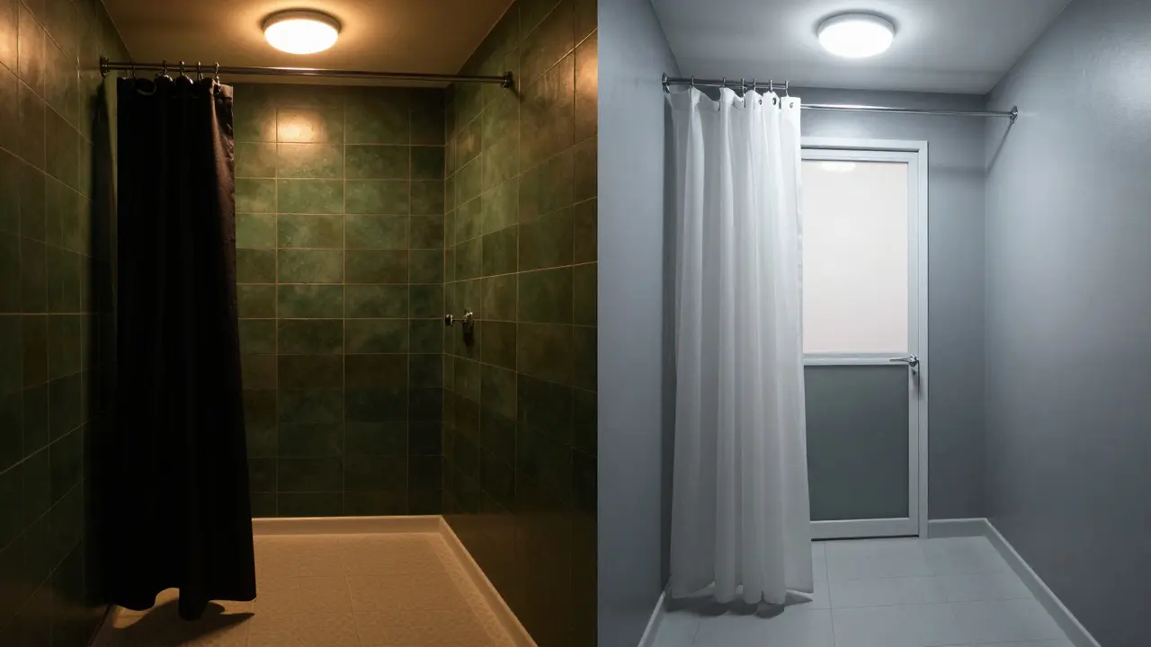 Side-by-side comparison of a dark, claustrophobic shower versus the same space transformed with light colors and better lighting.
