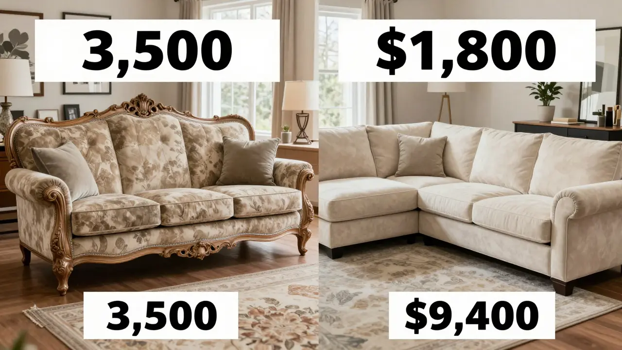 Side-by-side comparison of a luxury sofa after three years versus a Costco sectional after five years, showing long-term value.
