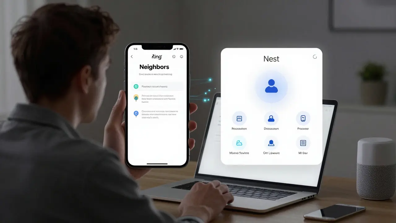Side-by-side comparison of Ring and Nest app interfaces highlighting privacy differences.