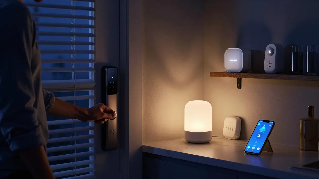 Smart lock closing at night while blinds, lights, and sensors activate automatically.