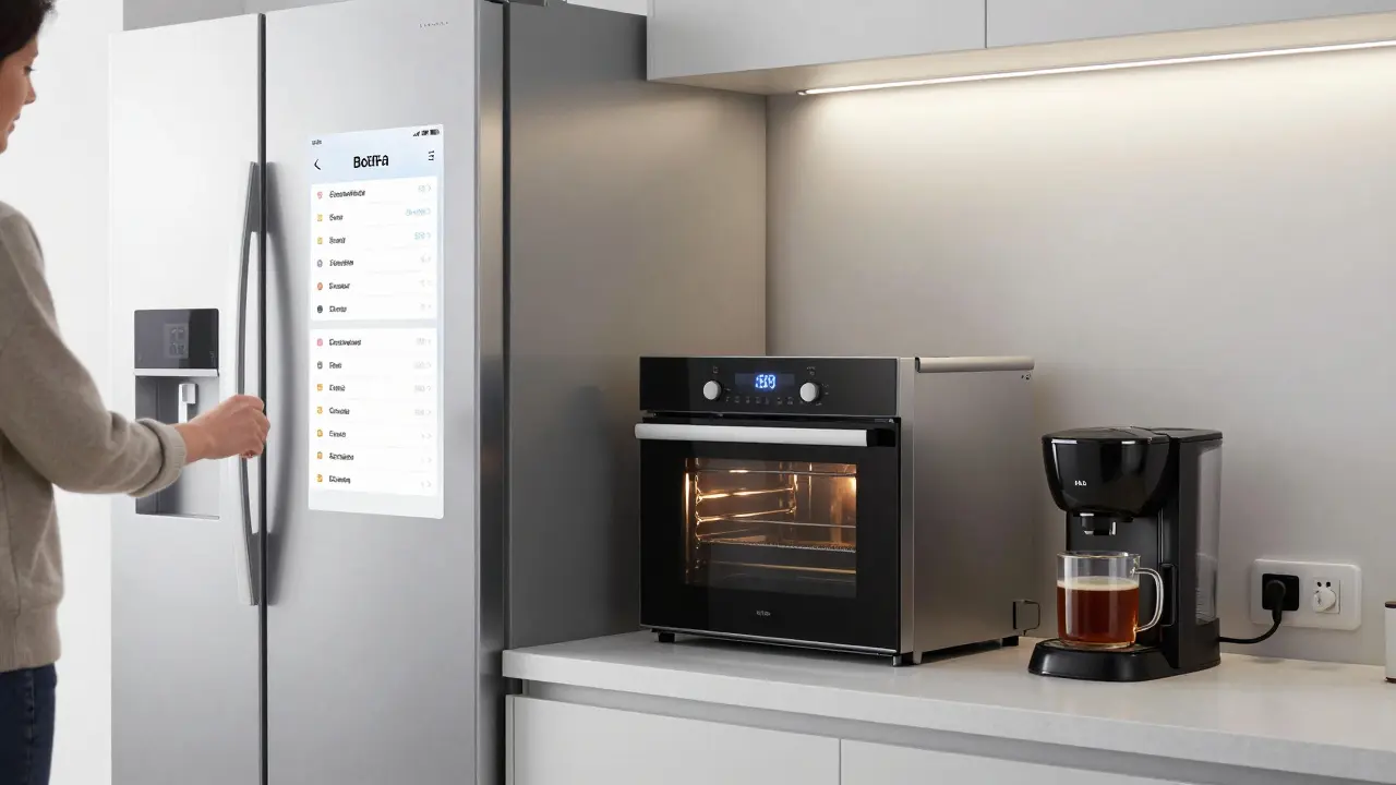 Smart refrigerator, oven, and coffee maker in a modern kitchen with automatic lighting.