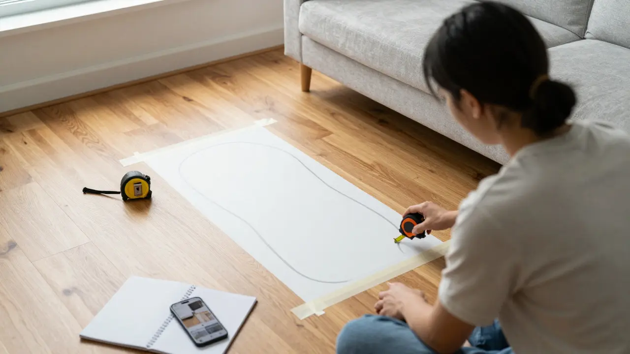 Someone using painter's tape to mark a sofa's footprint on the floor while measuring with a tape measure.