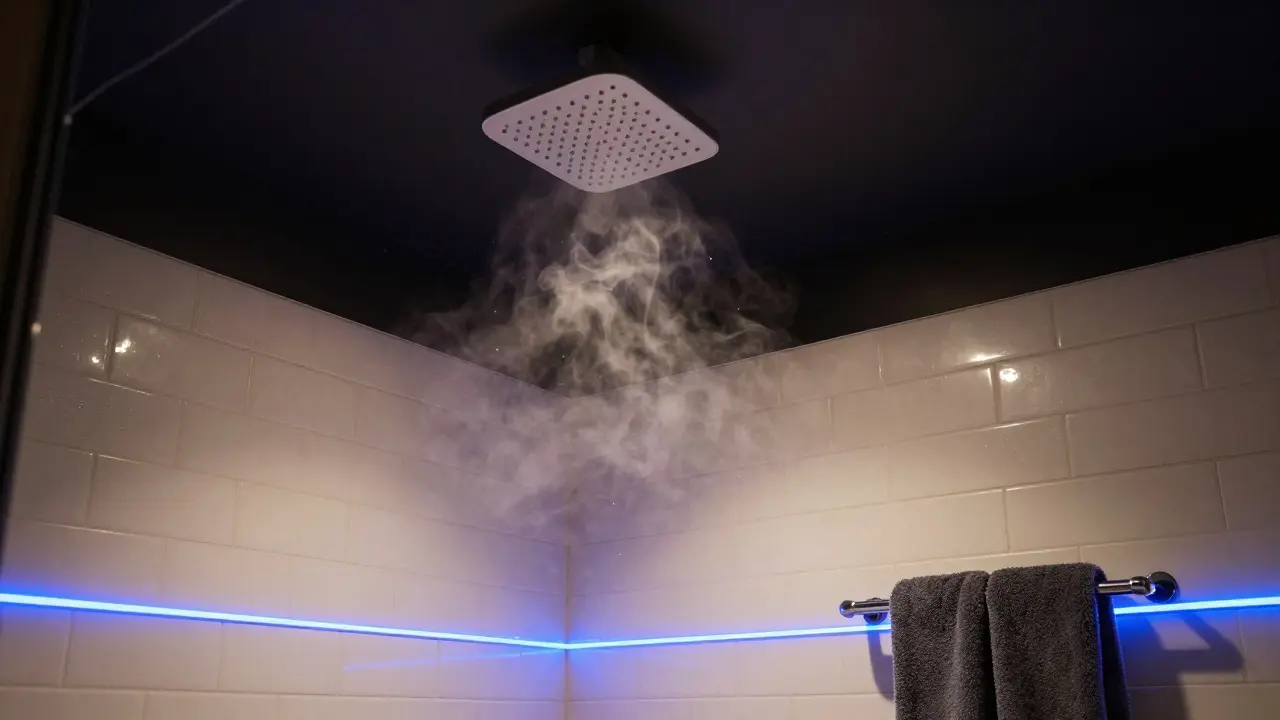 Spa like shower with matte black ceiling and steam jet wellness features.