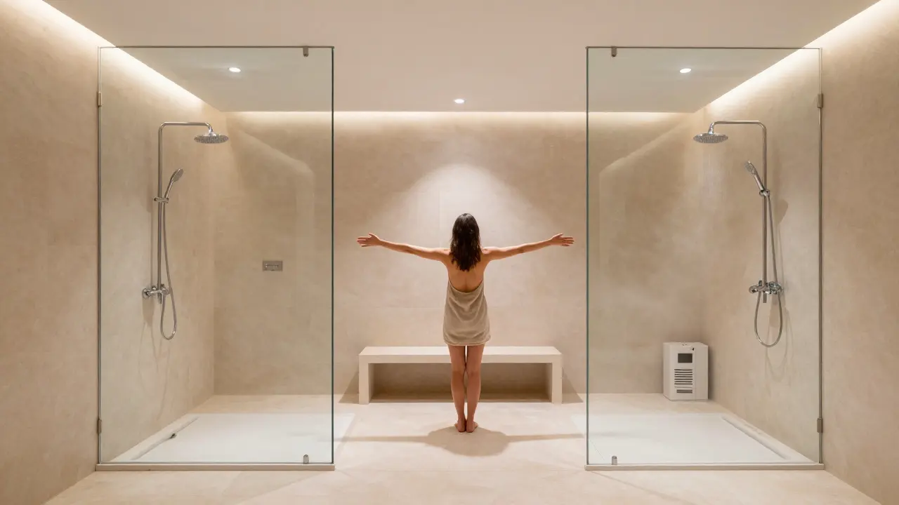 Spa-like square shower with dual showerheads and built-in bench.