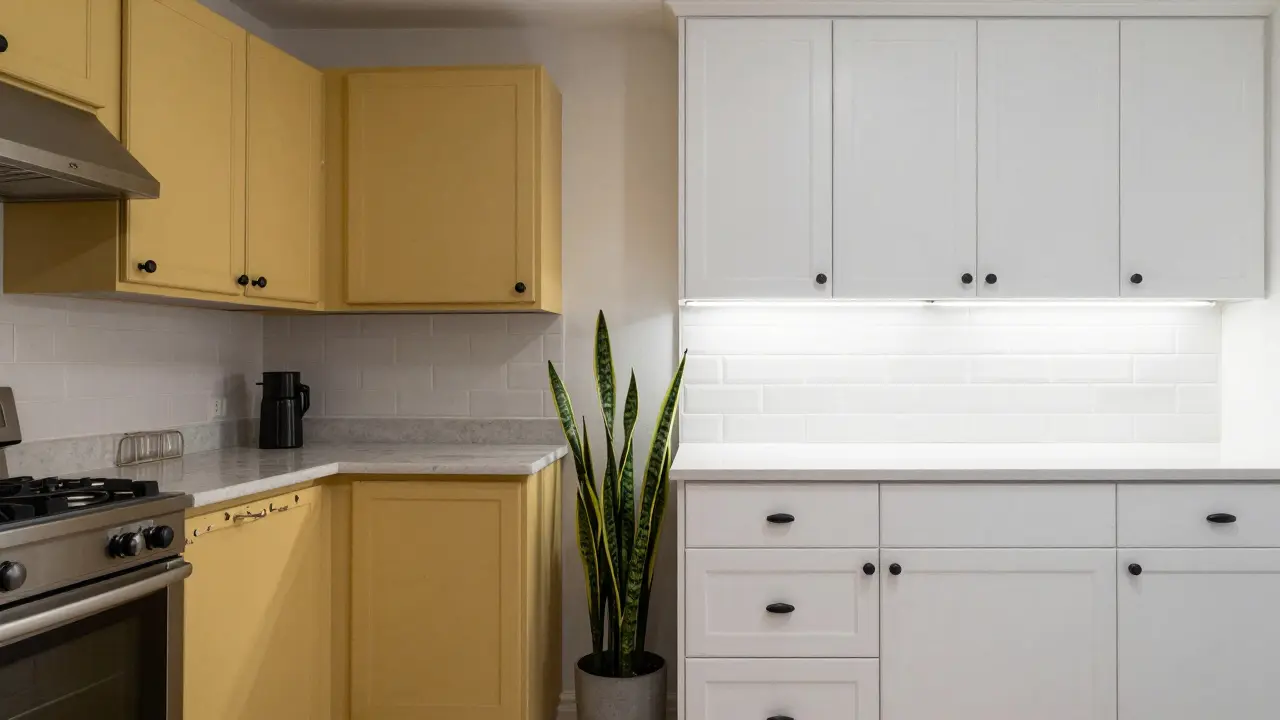 Split image: dated kitchen on left, transformed budget kitchen on right with fresh paint and lighting.