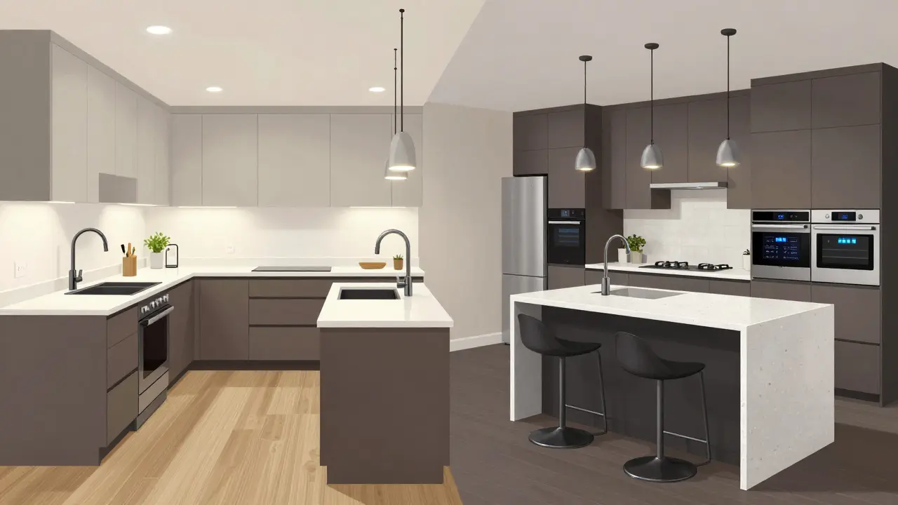 Split-view comparison of a budget kitchen versus a luxury kitchen in the same 10x12 space, highlighting material and cost differences.