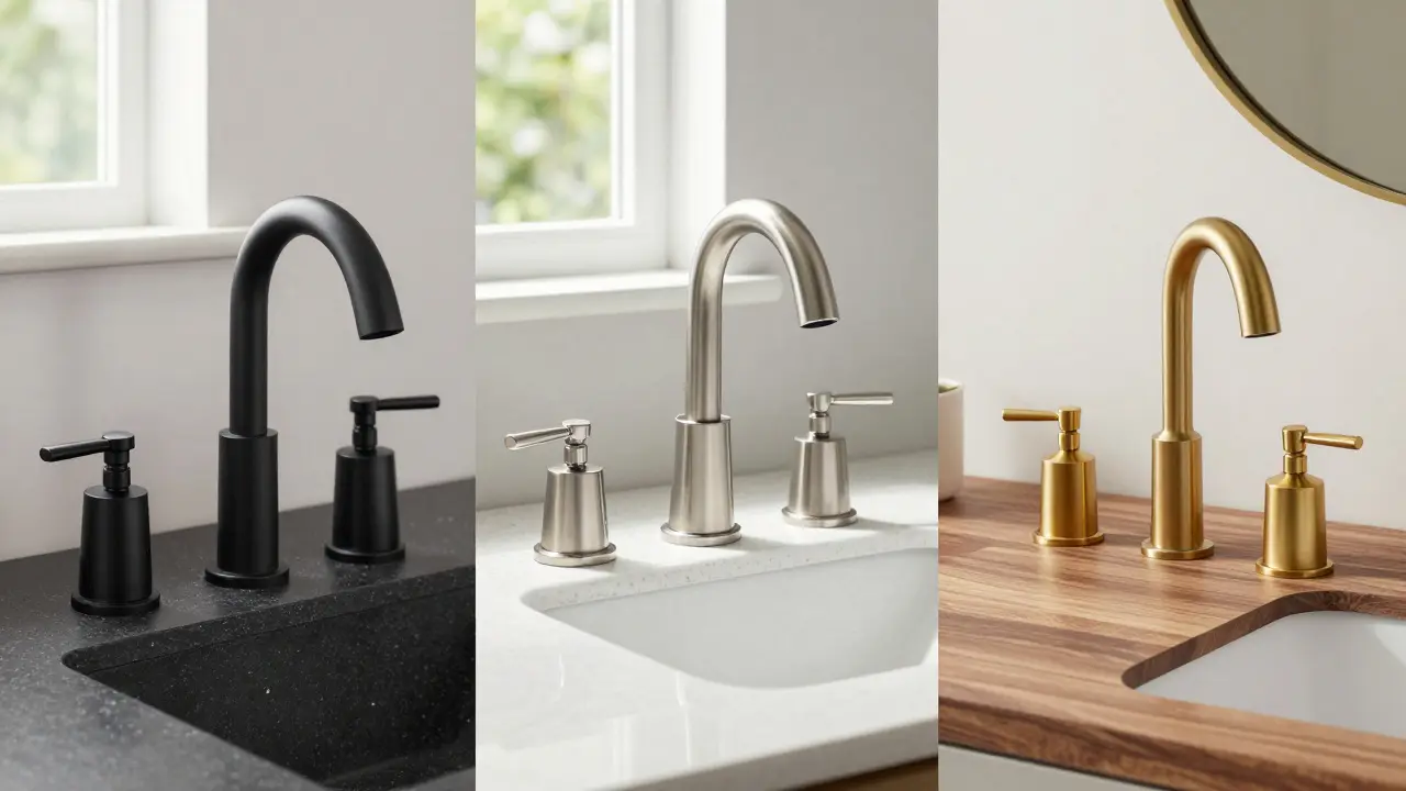 Three faucet finishes—matte black, brushed nickel, and brushed brass—side by side on different vanity countertops.