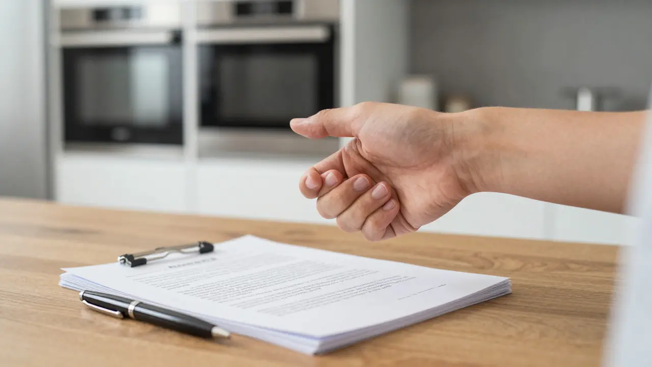 Two hands shaking over a contract with a modern kitchen in background.